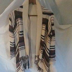 Cream brown black fringed sweater #046